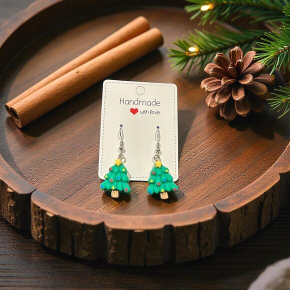 Handmade Christmas Tree Earrings | Polymer Clay Holiday Jewelry - Picture 4 of 7
